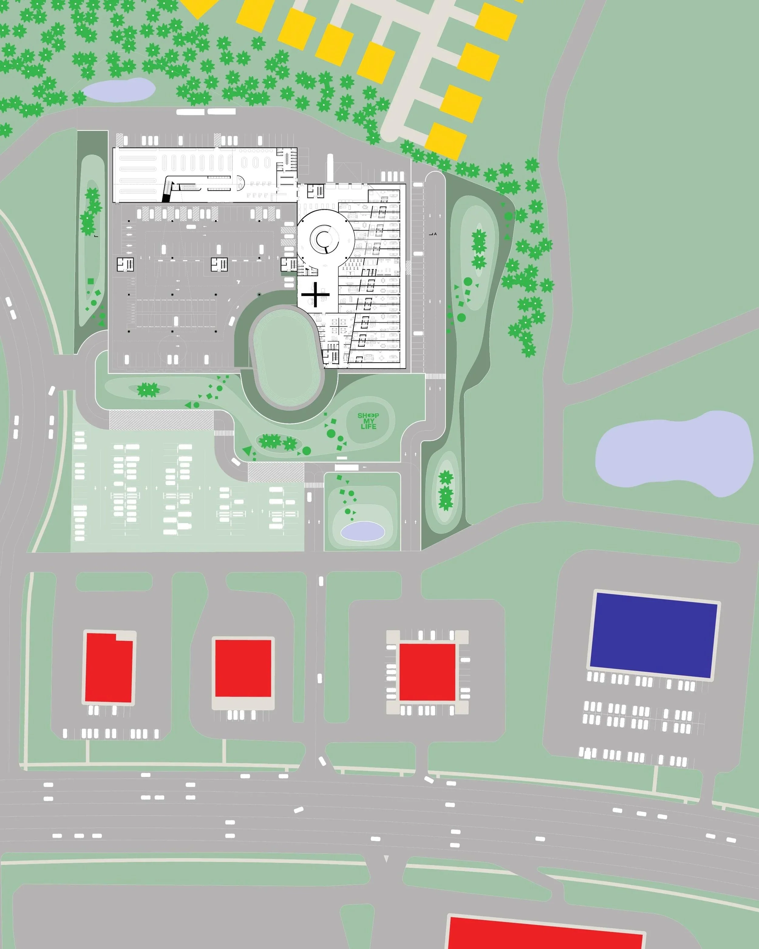 I studied the typology of the bix box store and appreciated its ability to sit between (red) retail (yellow) and (red) residential (yellow).