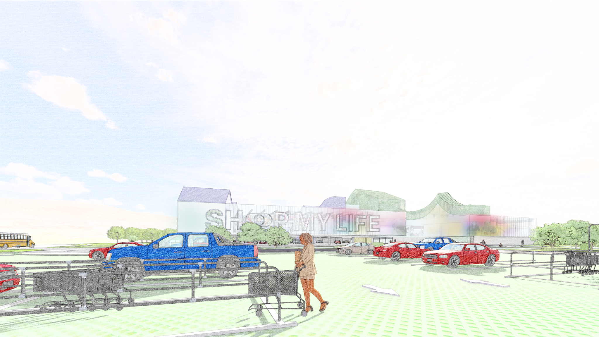 The facade receives a projection of a live stream of rotating views from inside the units, calling upon the typology of the drive in theater