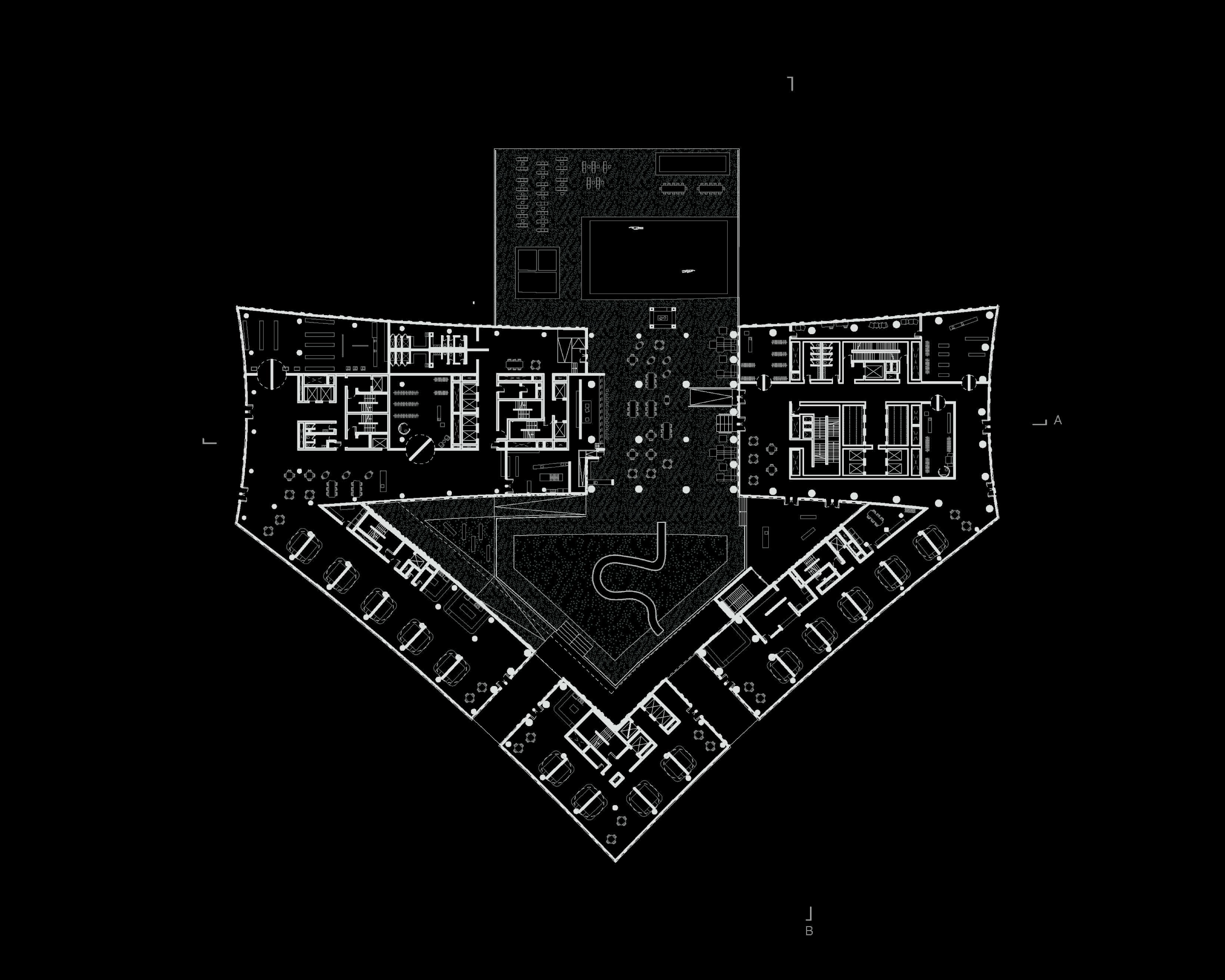 The space transitions from a public market on the ground floor to a gym, rental venues, a hotel, and a rooftop club