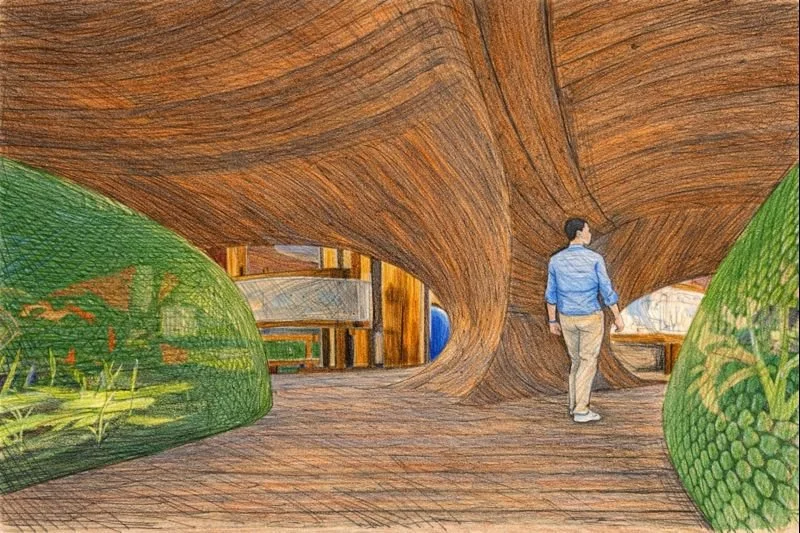 The architecture is a living narrative. It includes greenhouses for on-site food production, spaces for storytelling through monthly culinary collaborations, and a restaurant/bar to fund meal donations to impoverished communities