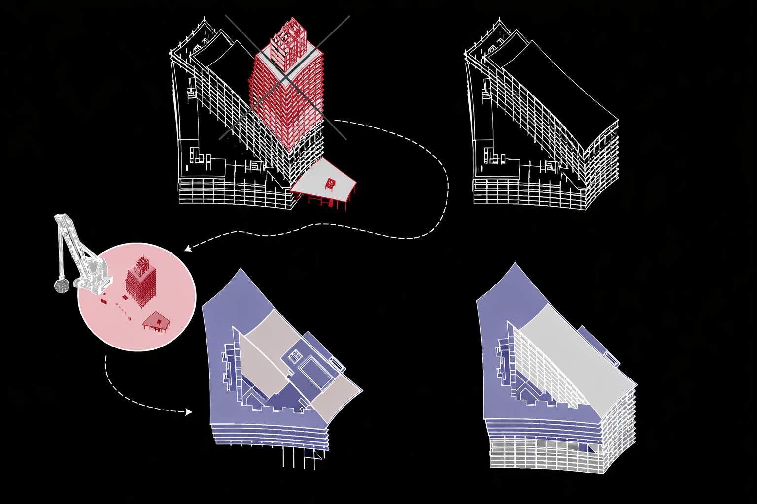 For this design, I demo the upper tower and use the ruble to cast a new block building that matches Hamburg’s local architecture