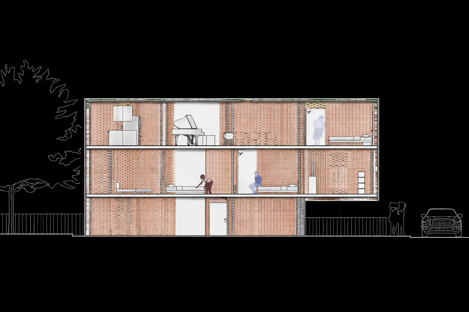 In section, the building reveals a vertical hierarchy. Allowing the luxury units above and around the core to look down into the central family's private life