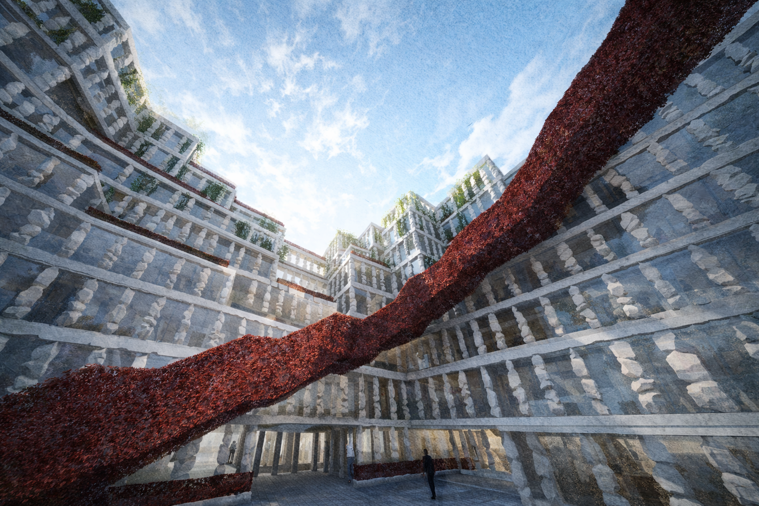 Leading you to a grand stair and the pool deck of the project 