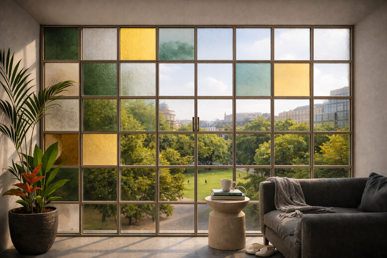 The facade was designed by a self-developed AI program that pixels out urban clutter, leaving residents with sunrooms that focus entirely on nature