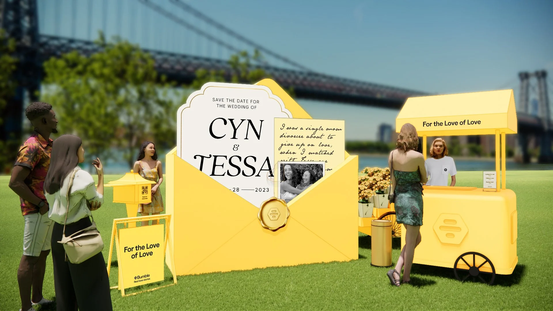 Assisted in crafting 3D environments for the Bumble Love Stories pop‑up, using spatial design and render work to visually express themes of love, connection, and community engagement