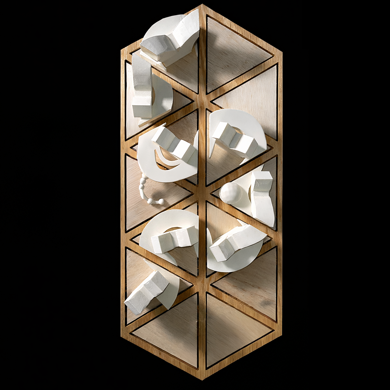 "This model shows the project as a flexible system of pieces that can be rearranged, mimicking the 'weaving' of the box braid concept