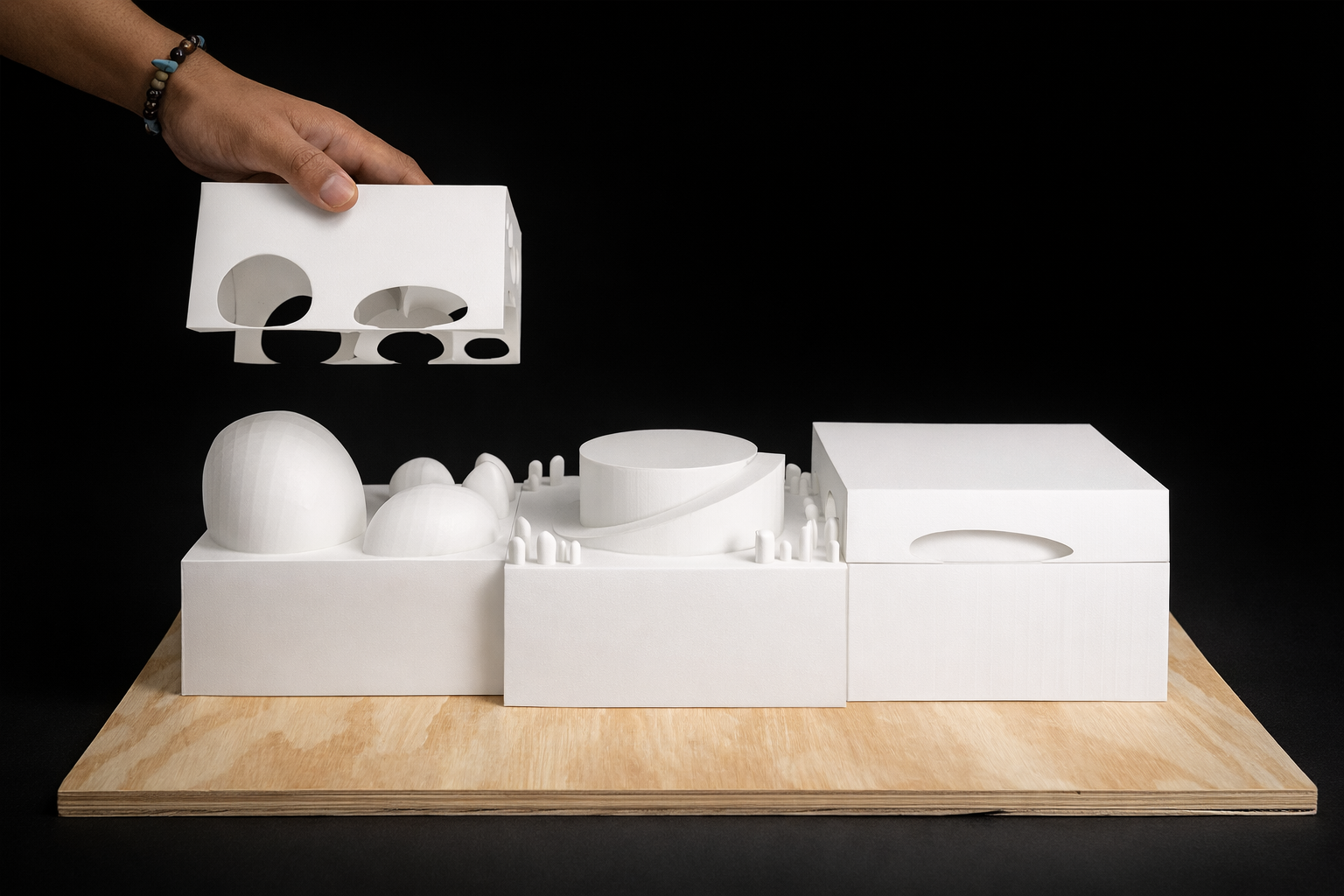 Three large architectural shells form the structure, acting as caverns that contain the project’s adaptable inflatable spaces.