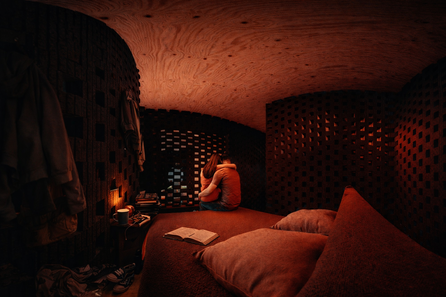 The use of perforated brick inside the homes facilitates the surveillance concept, creating sightlines between the different living spaces