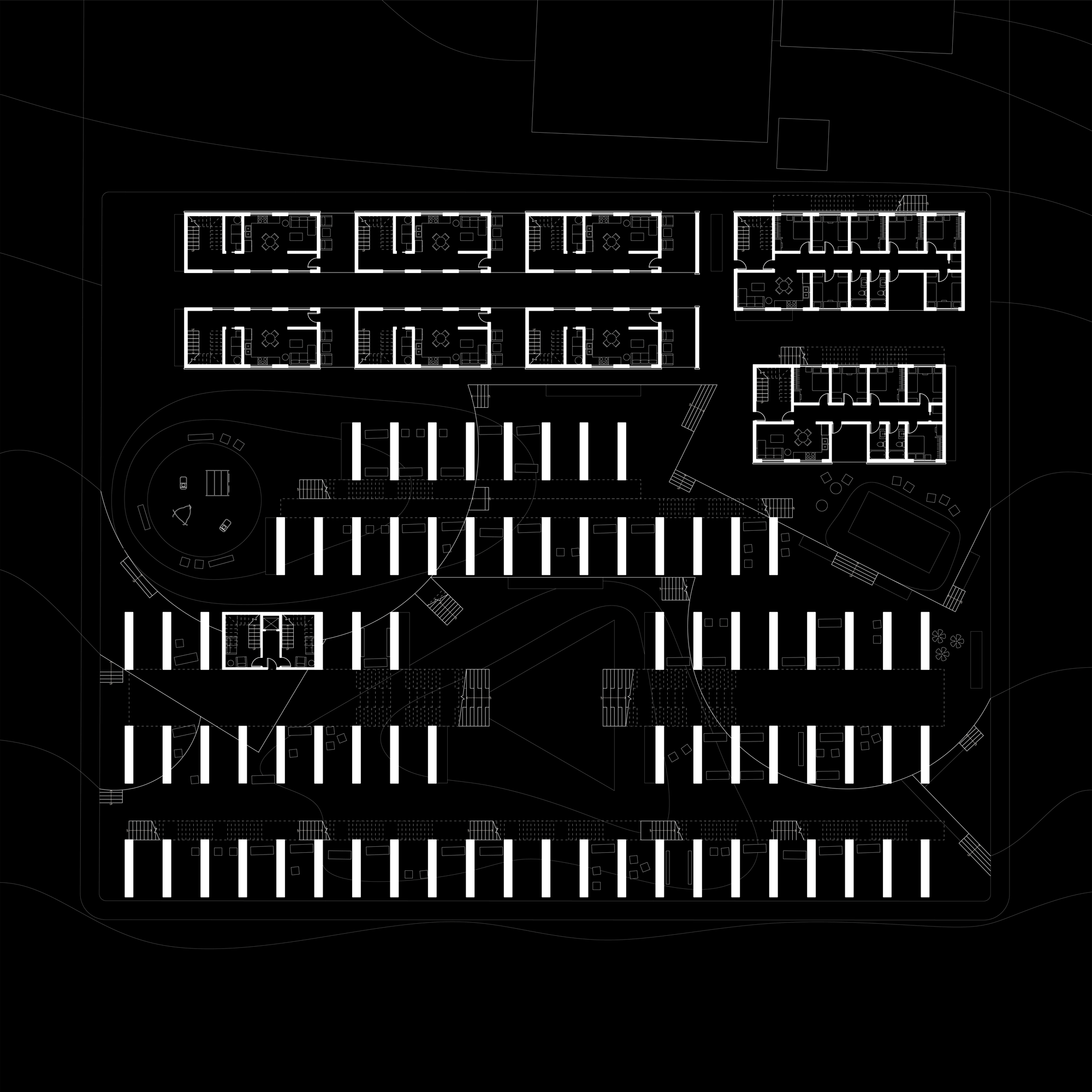 The building features a market-stall base that supports the housing levels above