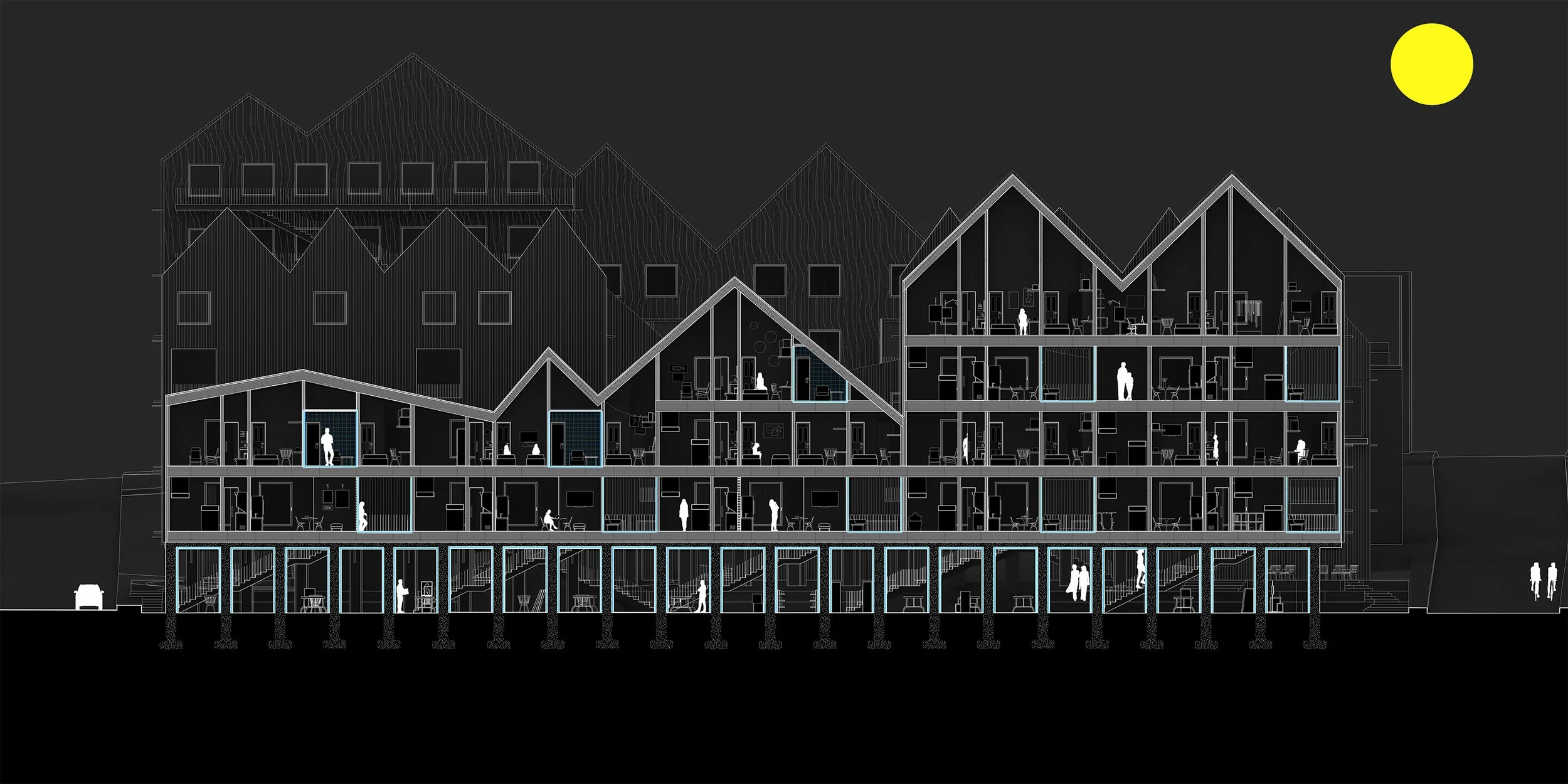 Here you can see how we combined different unit types, merging duplexes and townhouses into a unified building