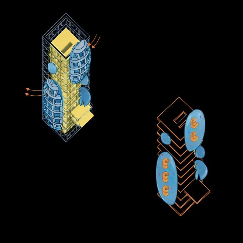 Interrupting the grid, these fluid volumes create passive ventilation for natural climate control. Wrapped in bright orange cladding, these spaces are designed to stimulate energy and creativity
