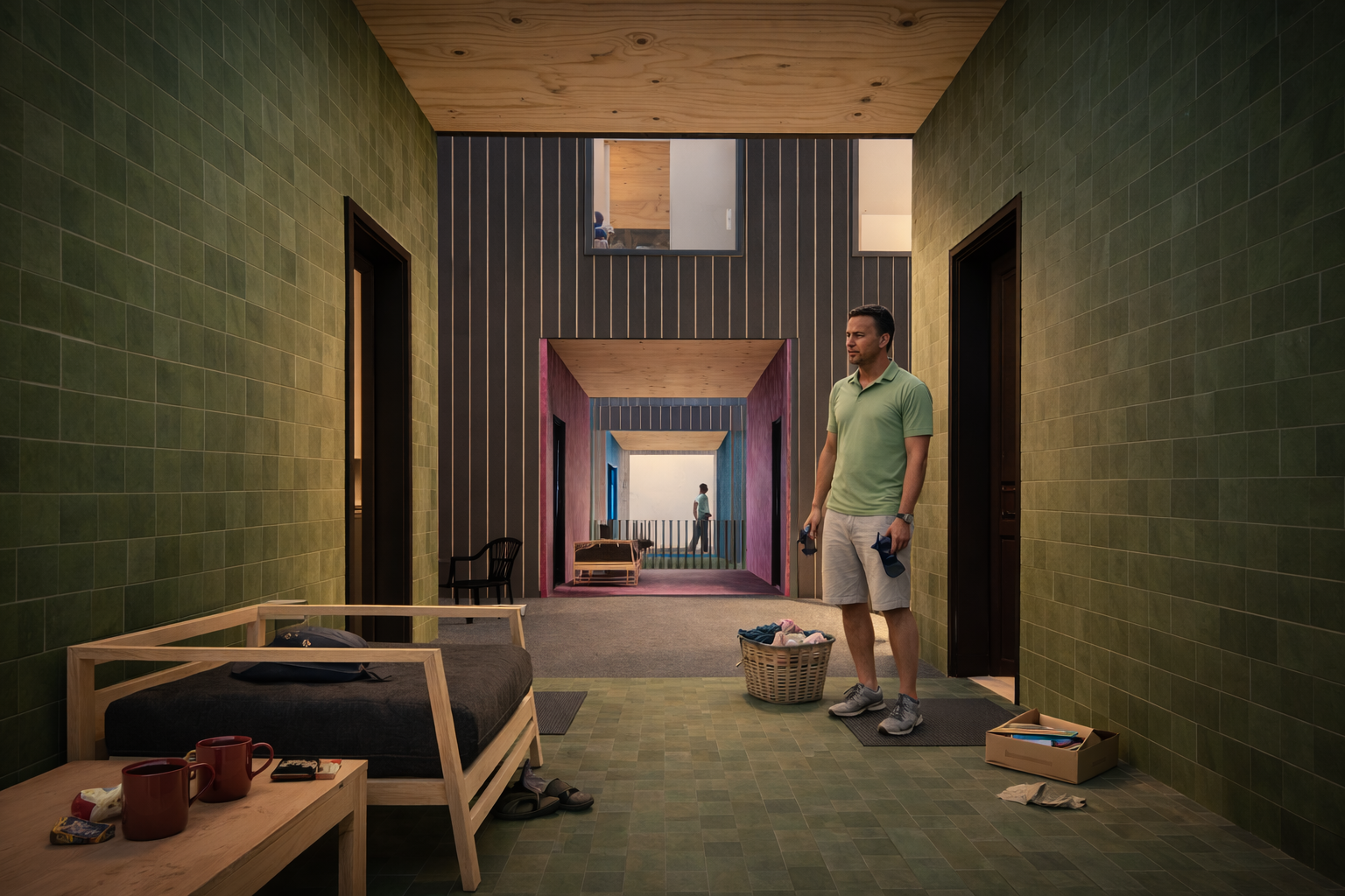 As you enter or leave, open spaces between the units provide views across the building, creating a sense of closeness and community