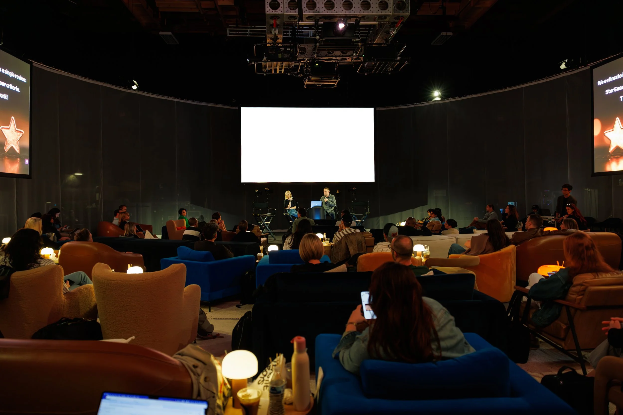 Designed and visualized the scrim system as an architectural element, using translucency and curvature to soften the scale of the studio while framing the stage as the emotional core