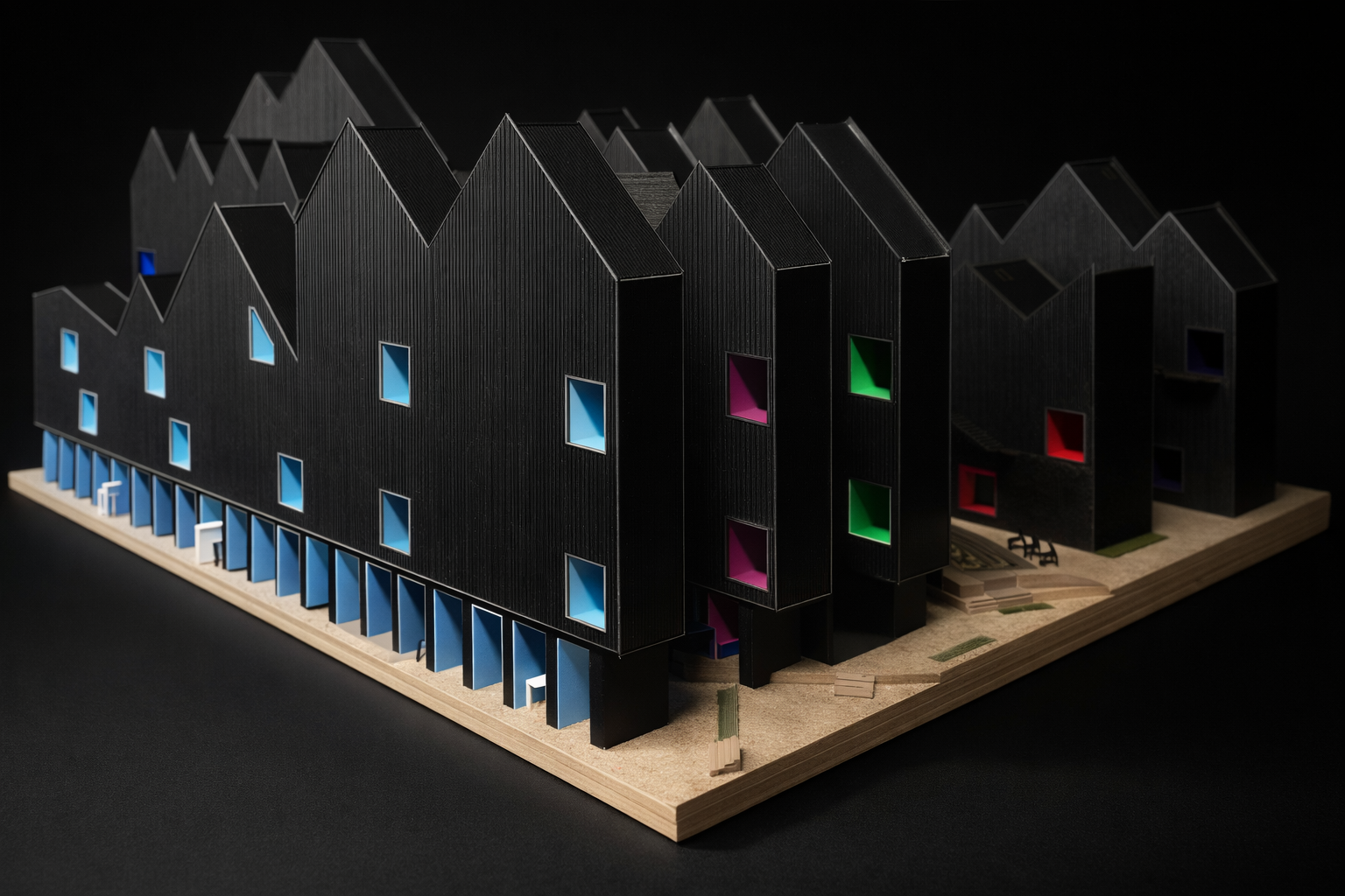 The building uses color-coding to help people find their way and to integrate the different rows of buildings