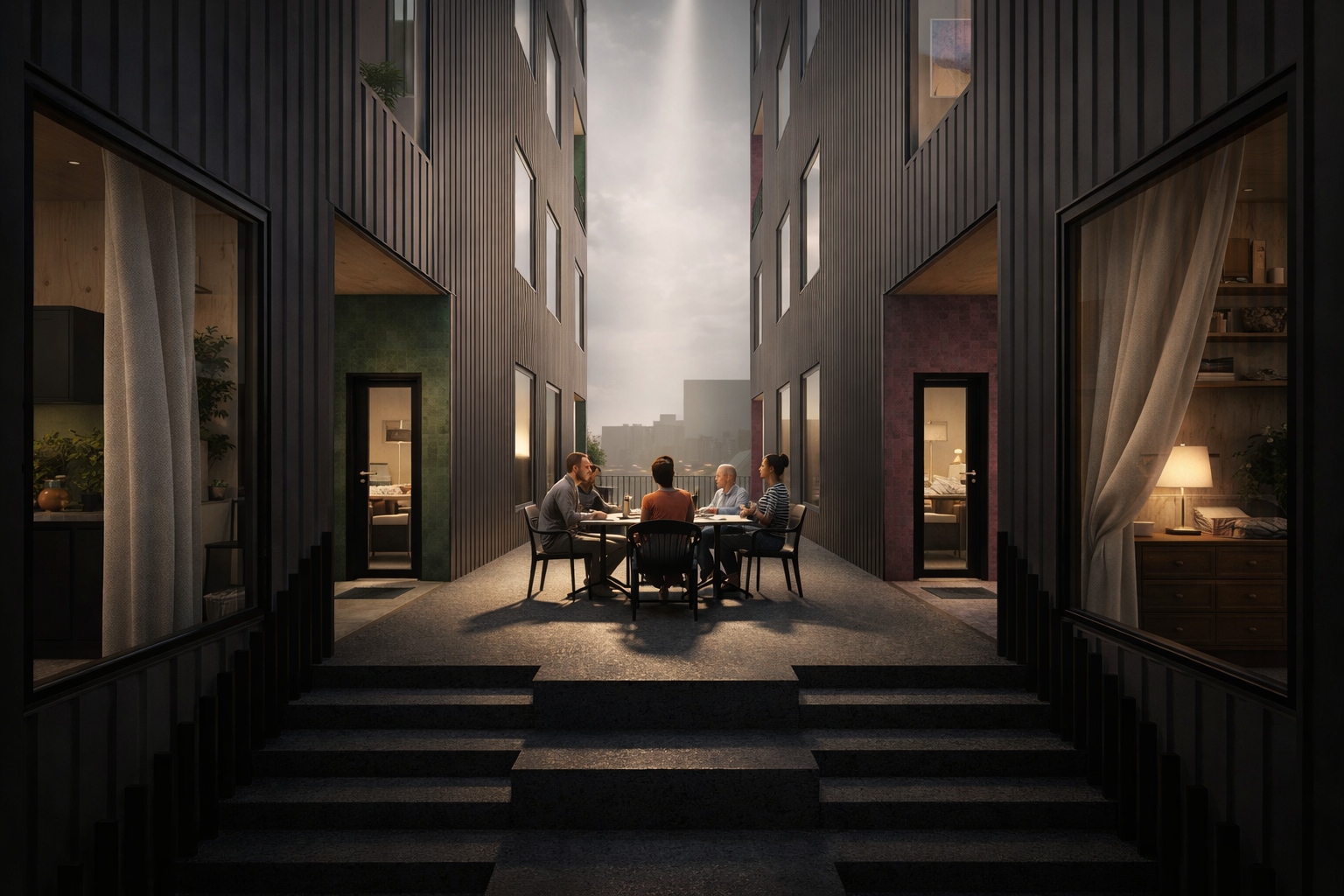 Shared stairs and landings help connect neighbors, turning a dense building into a social community