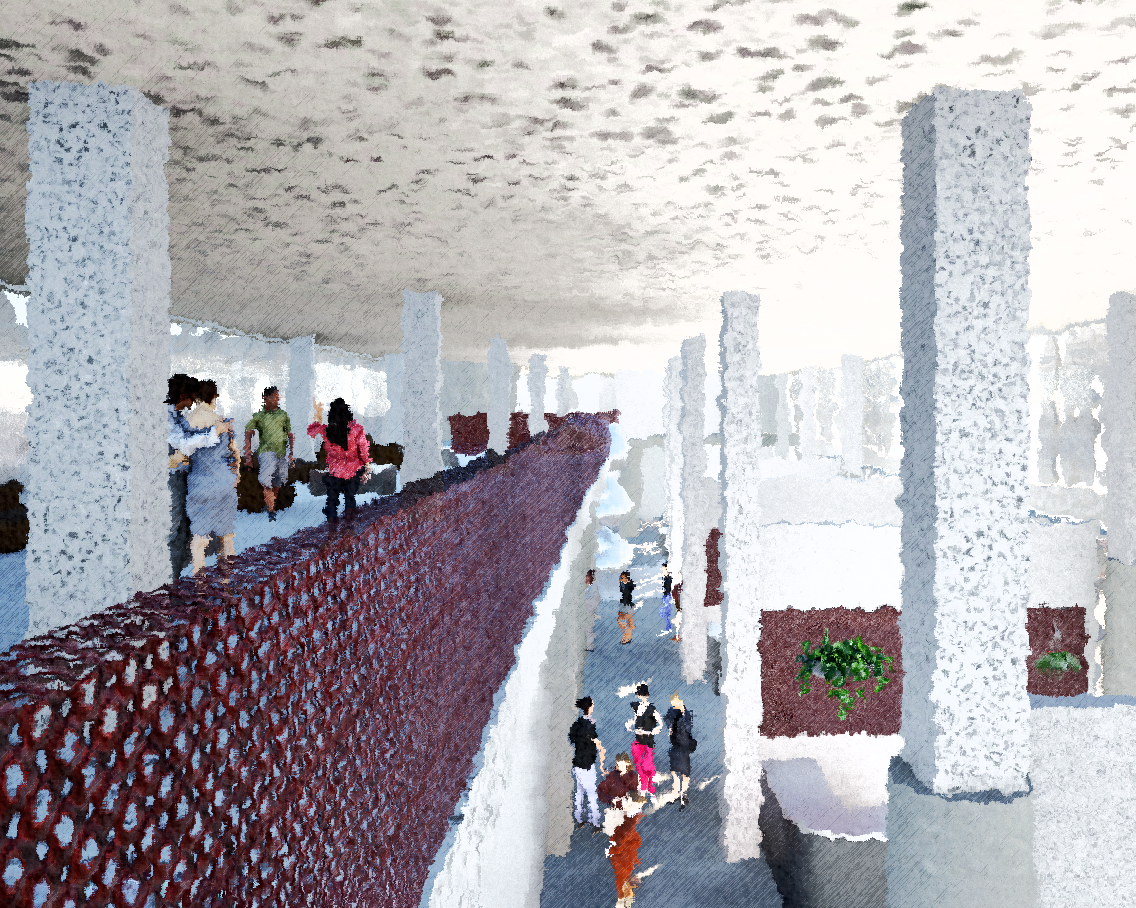 Here, old meets new. The textured concrete and square columns are cast from the debris of the previous structure, giving reality to the old and new