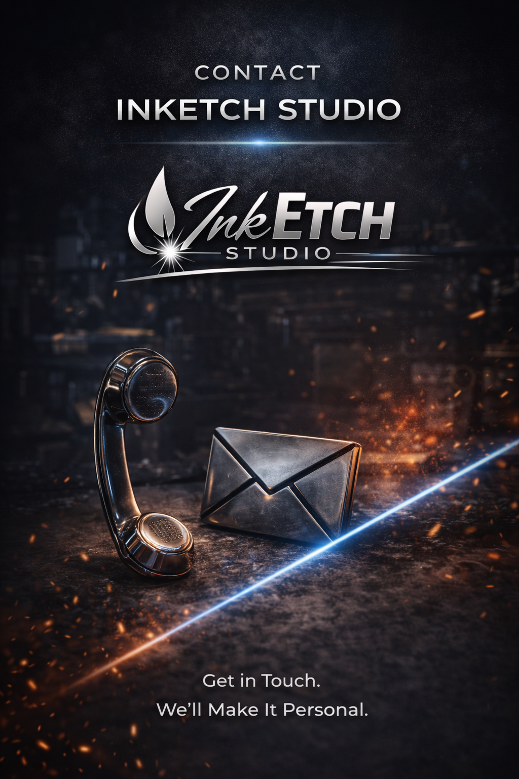 Contact information for Inketch Studio features a vintage telephone and a metallic envelope on a dark background with sparks and light streaks, with text that says "Get in Touch. We'll Make It Personal."