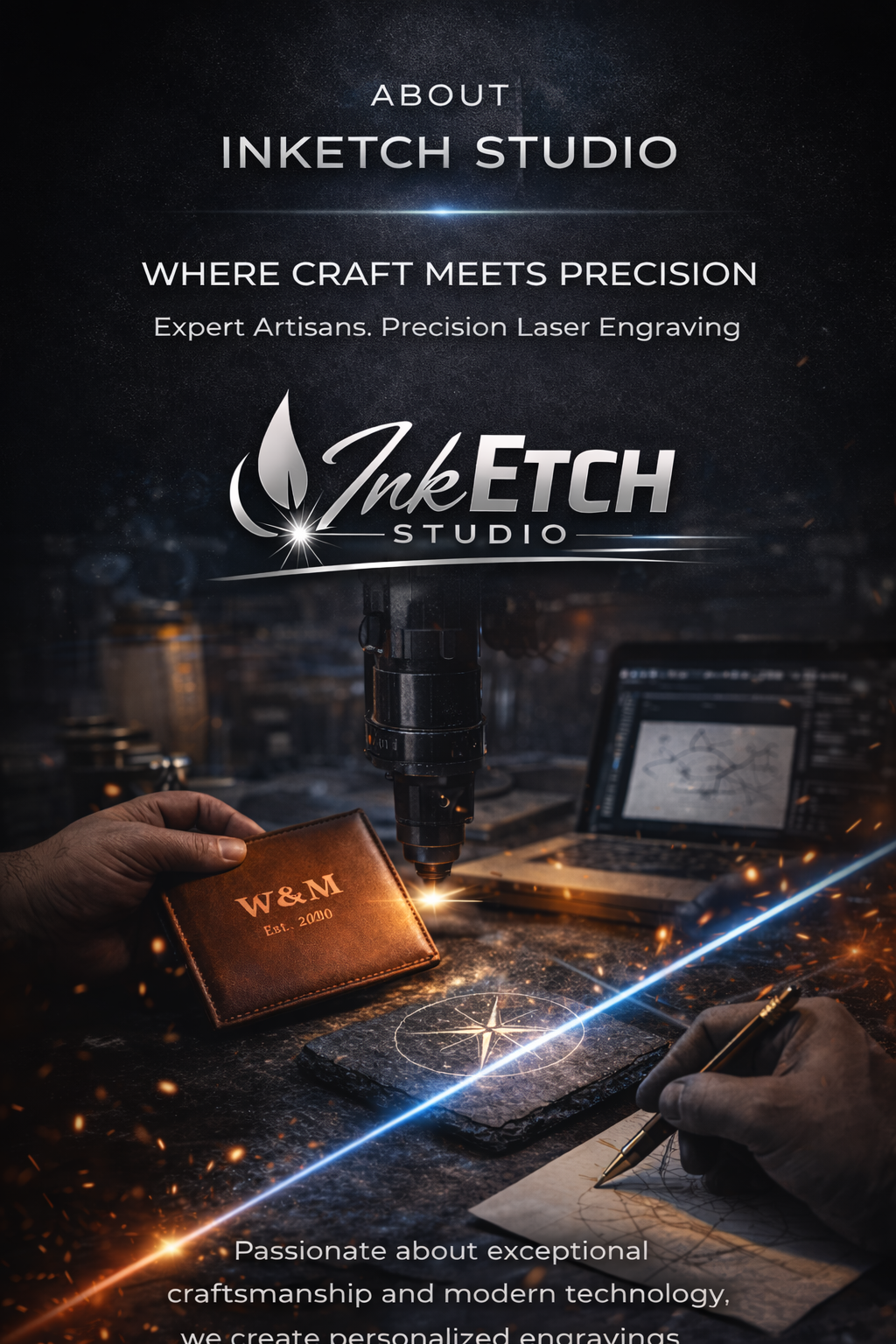 Photograph of a laser engraving process in a workshop, with a person holding a leather wallet engraved with initials and a date, and a person sketching a design with a pen. The image promotes InkEtch Studio's craftsmanship and precision laser engraving services.