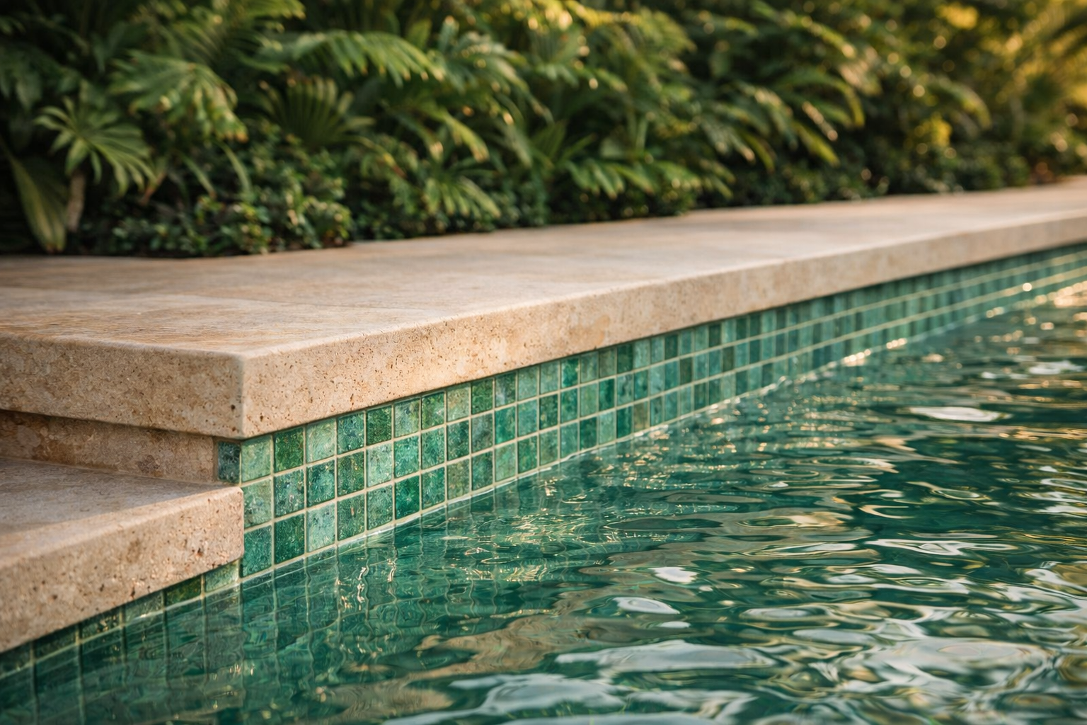 Close-up of the edge of a swimming pool with green tile border, beige stone coping, and lush green foliage in the background.