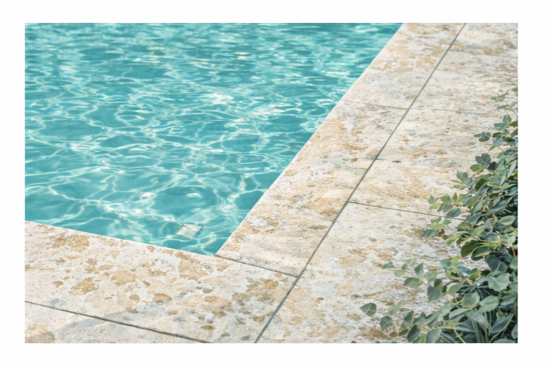 Close-up of a swimming pool edge with water and stone tiles, with some green plants on the side.