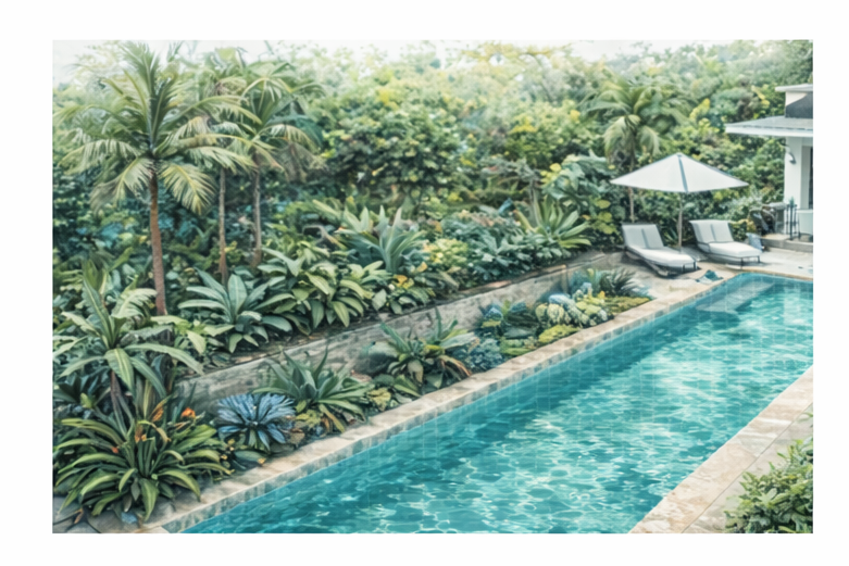A serene backyard scene with a long rectangular swimming pool, surrounded by lush green tropical plants and trees, with two lounge chairs and an umbrella on a patio.