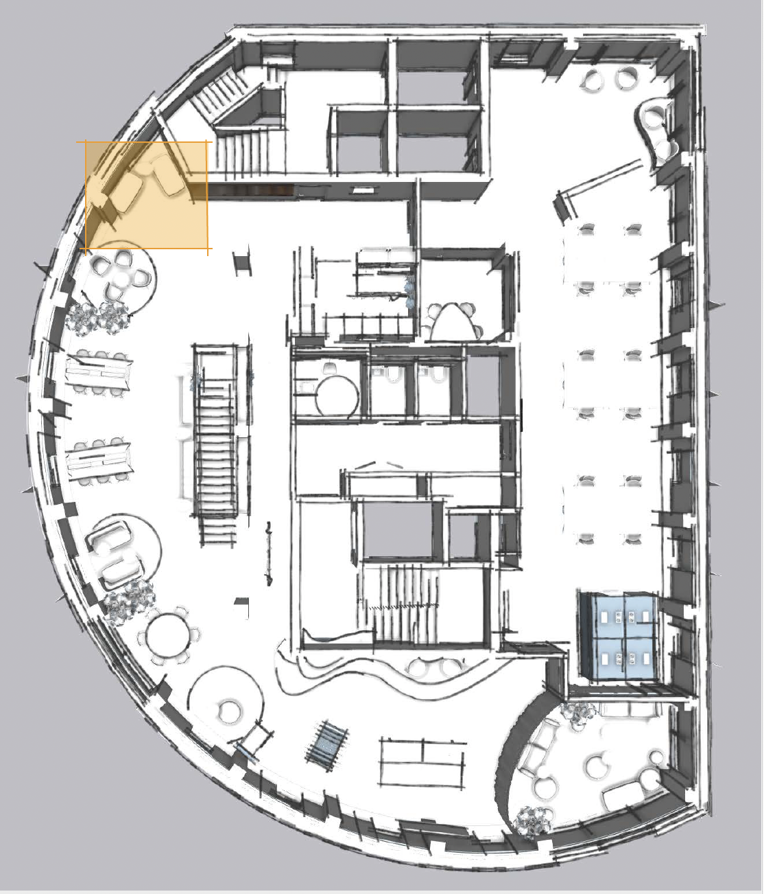 Et kontor- eller fællesareal med forskellige siddeområder, herunder lænestole, borde og kontorstole, samt et område med opholdsstole i det nederste højre hjørne.