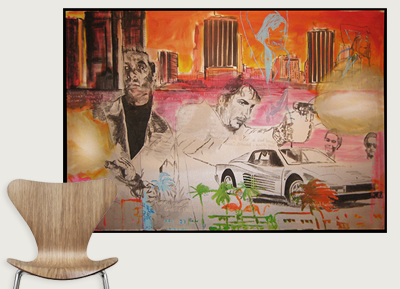 Colorful urban mural featuring three men, a white car, city skyline with tall buildings, and street scene with palm trees.