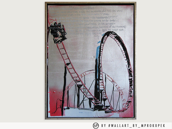 Abstract artwork featuring a roller coaster with black and red lines and a dark, textured face at the top of a tall tower, set against a beige background with some faint text.