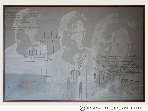 A mural of The Beatles members John Lennon, Paul McCartney, George Harrison, and Ringo Starr, with abstract cityscape and architectural drawings.