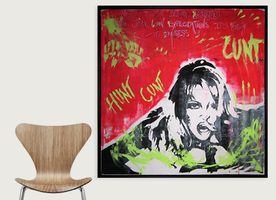 A colorful, graffiti-style portrait of a woman with long hair, with text and paint splatters in red, green, yellow, and black.