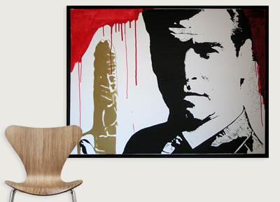 Street art portrait of a young man in black and white with red and gold accents, spray paint style.