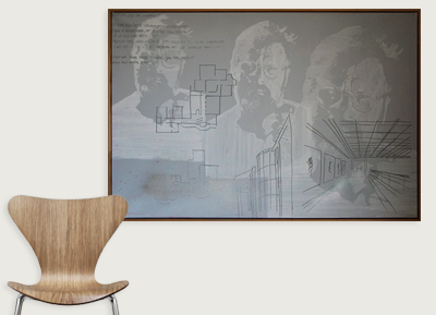 Interior wall with black framed mural featuring architectural sketches and portraits of three people.