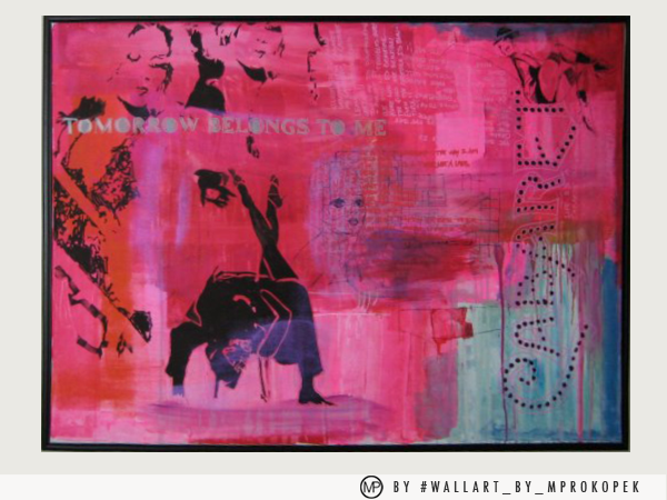 Pink and red abstract art piece with the text 'Tomorrow Belongs to Me' and graffiti-style graphics, including a black silhouette of a person bending forward with their hands on the ground.