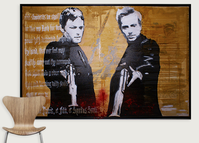 Painting of two men with serious expressions, wearing dark clothing, against a background with orange, red, and black tones and text.