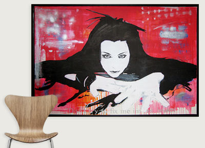 Abstract portrait painting of a woman with dark hair and pale skin, set against a red and pink textured background.