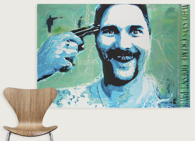 A colorful portrait of a man smiling as someone holds a gun to his head, with text on the right side that reads 'WHO YOU KNEW, DON'T YOU.'