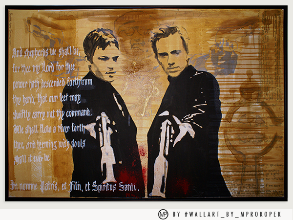 Street art graffiti of two young men in dark clothing pointing at the viewer with text from a biblical verse on the left side.