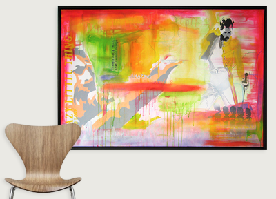 Abstract colorful painting on wall with a stylized person and dogs, seen in an art gallery with a wooden chair in foreground.