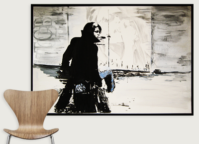 Abstract black and white painting of a person with a shadowed face, holding a long object, hung on a wall with a wooden chair in front.