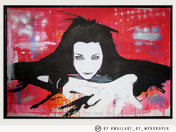Graffiti-style artwork of a woman with black hair and pale face reaching out with her hand against a red and pink background.