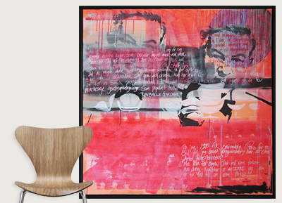 Abstract painting featuring two smiling women, with red and pink colors, and handwritten text overlay.