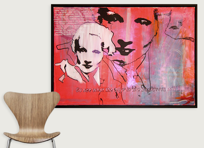 Abstract artwork of two women's faces in black and white on a pink and red background, with some orange and purple accents, and partially visible text that reads 'Go see what they see on a...'