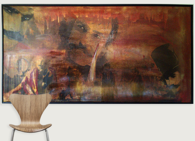 Abstract painting hanging on a white wall, with a wooden chair in front of it.