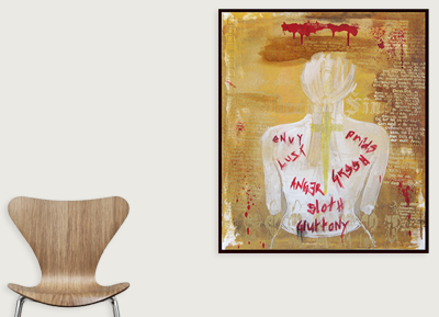 Abstract painting of a person with white hair seen from behind, with words written on back in red paint, hung on a beige wall next to a wooden chair.