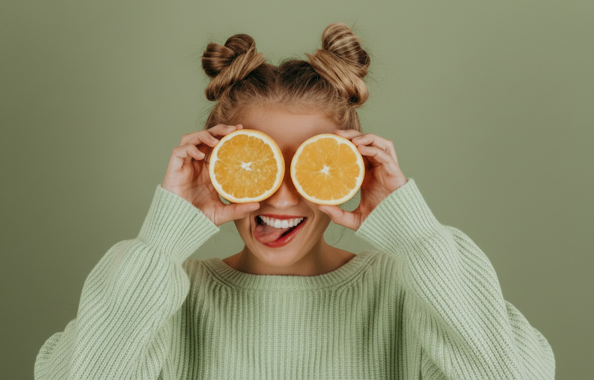 A young woman with her hair in double buns holding two halves of an orange in front of her eyes, smiling and sticking out her tongue, against a green background.