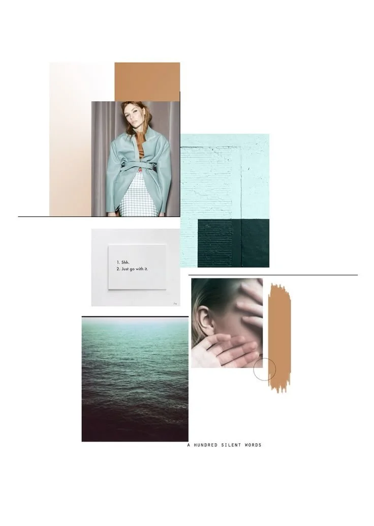Collage featuring a woman in a light blue coat, abstract textured blue and black backgrounds, ocean view, a woman covering her face, and a note with 'Shh. Just go with it.' text, with the phrase 'A hundred silent words' at the bottom.