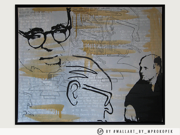 A framed art piece with multiple black line sketches of a man's face in profile, wearing glasses, overlaid with faint script and beige paint strokes. There is also a silhouette of another man on the right side.