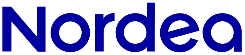 Logo med teksten "Nordea" i blå farve.