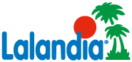 Lalandia logo med blå tekst og grønne palmer, en rød cirkel og tekstenis.