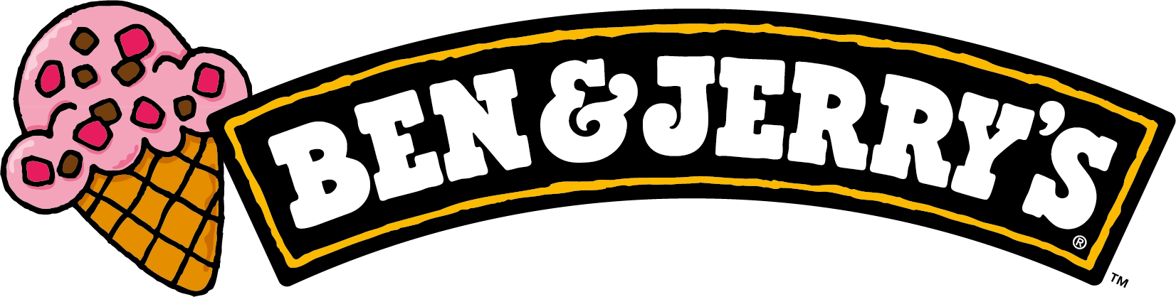 Ben & Jerry's logo med en isvaffel og to kugler is i lyserød med chokoladestykker.